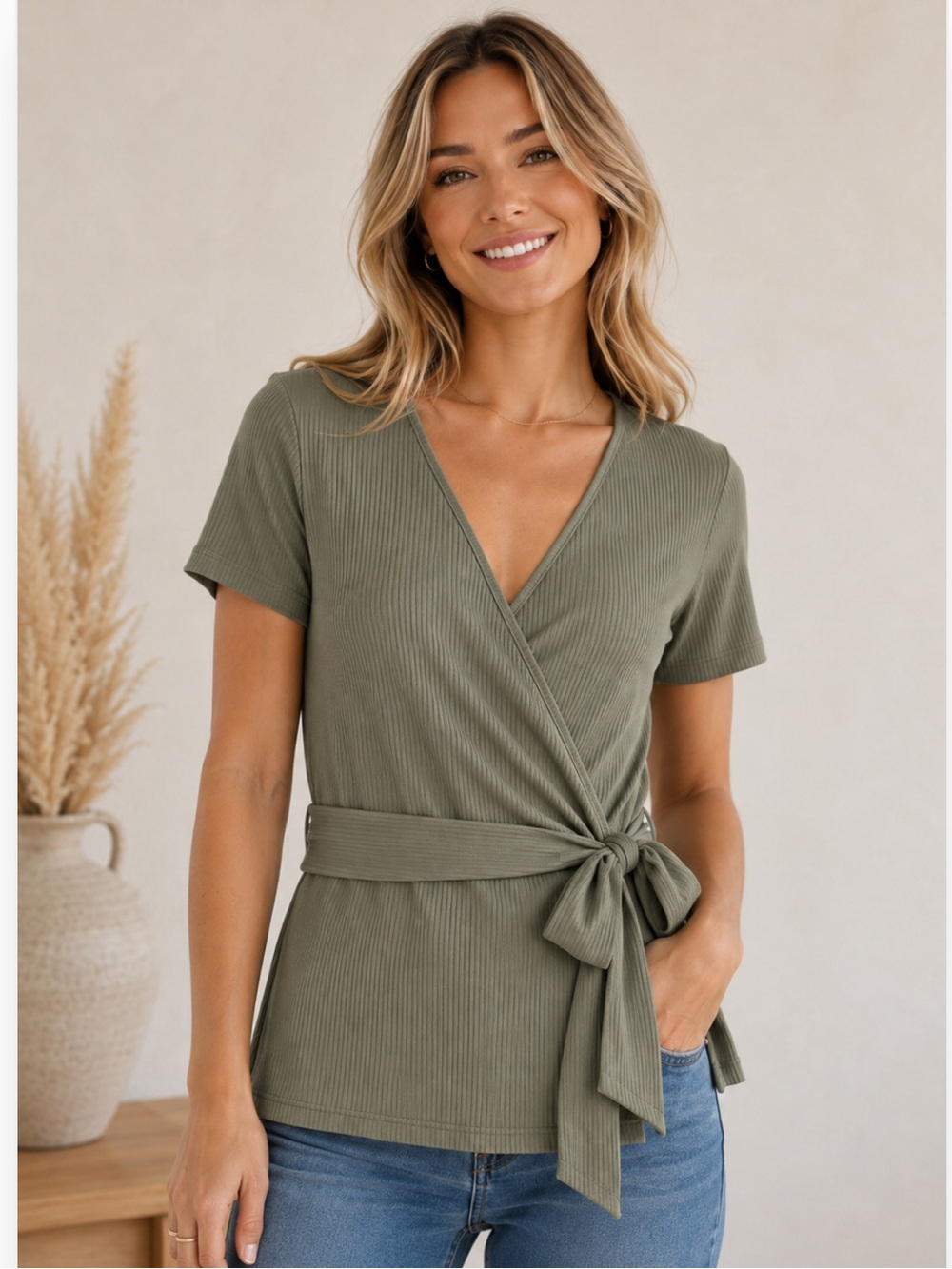 NWOT Brea Canyon x Stitch Fix Ribbed Short-Sleeve Wrap Top Flattering Classic